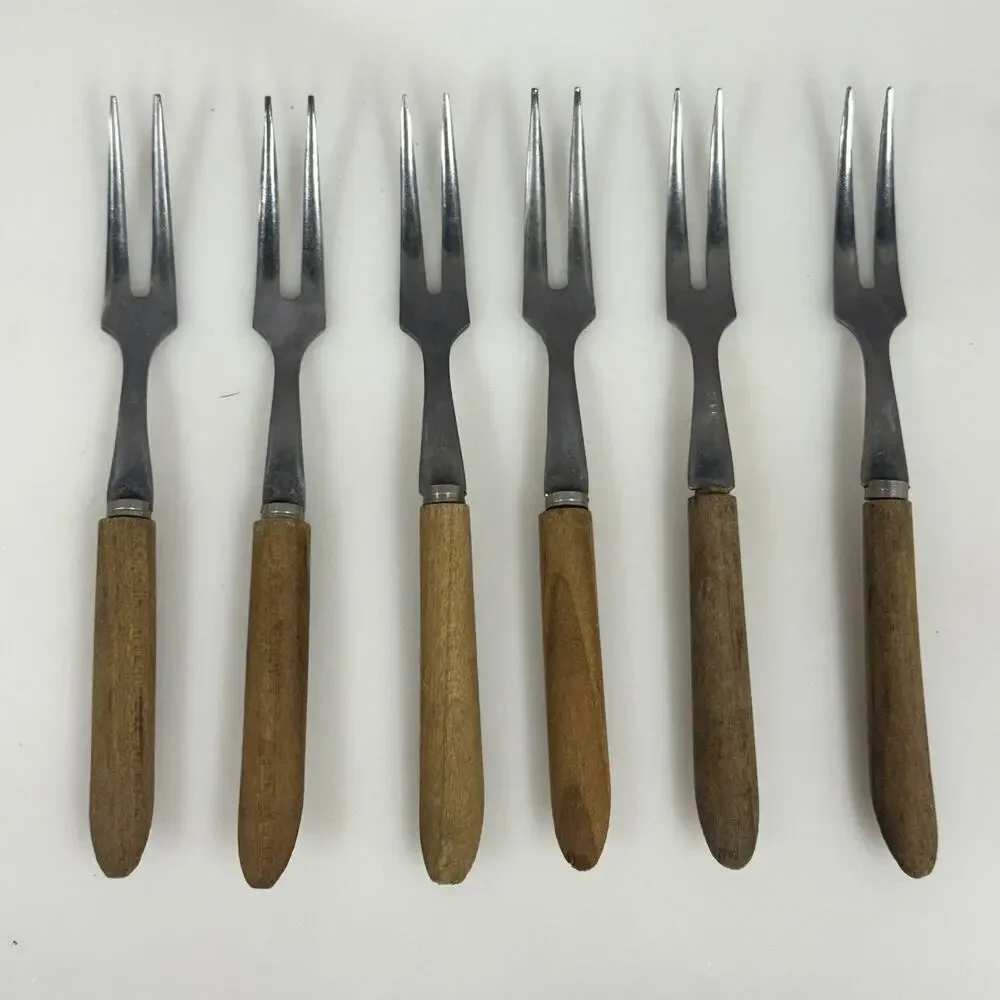Vintage Cocktail Appetizer Forks Stainless Japan Wood Handle Set of 6